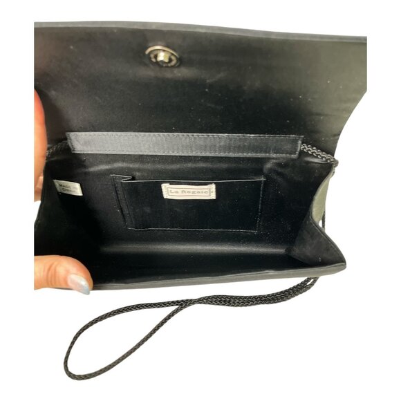 La Regale Vintage Black Satin Beaded Evening Clutch Purse With Shoulder Strap - Picture 5 of 7
